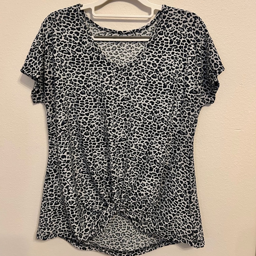 Gray-Blue Animal Print Top, Lightweight, Front Knot, Size Small